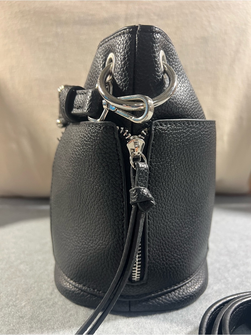 Steve Madden Black Pebbled Faux Leather Stud-Trim Bucket Bag - Picture 3 of 16
